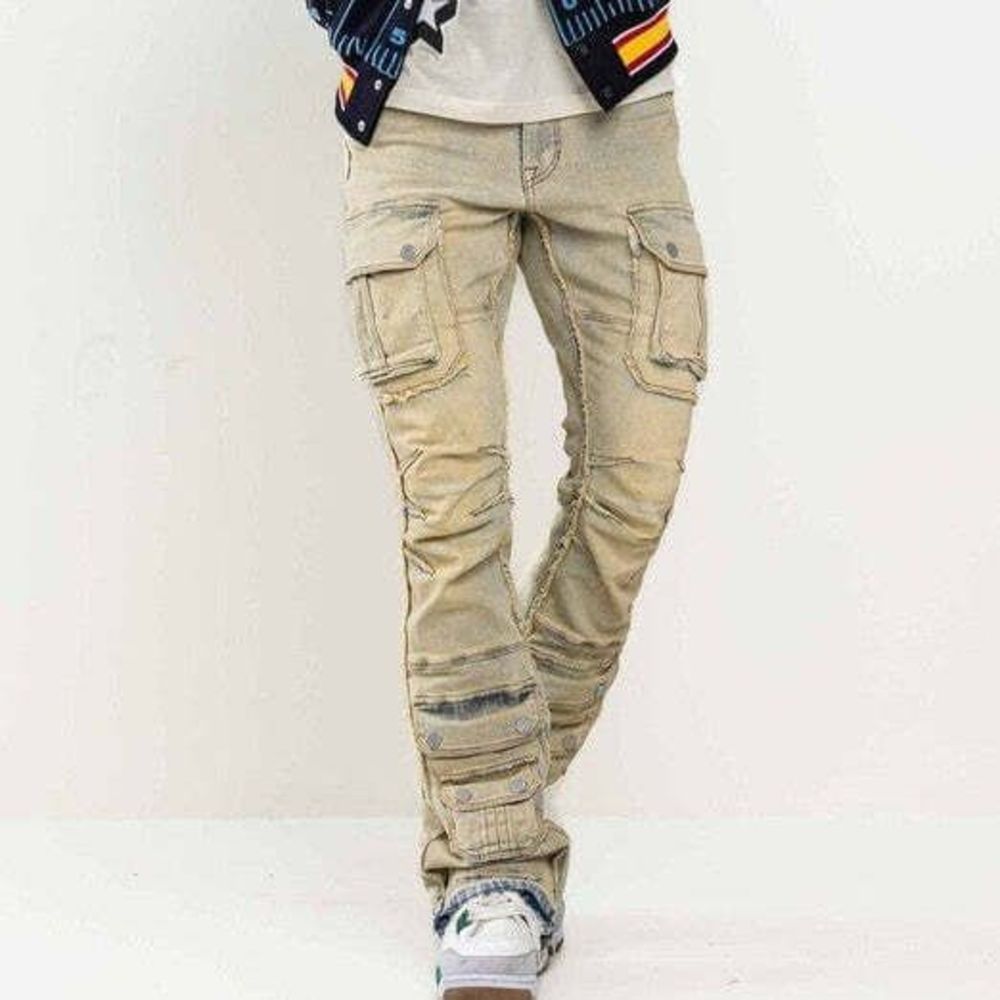 Men Stacked Jeans Multi Cargo Pockets Denim Pants on